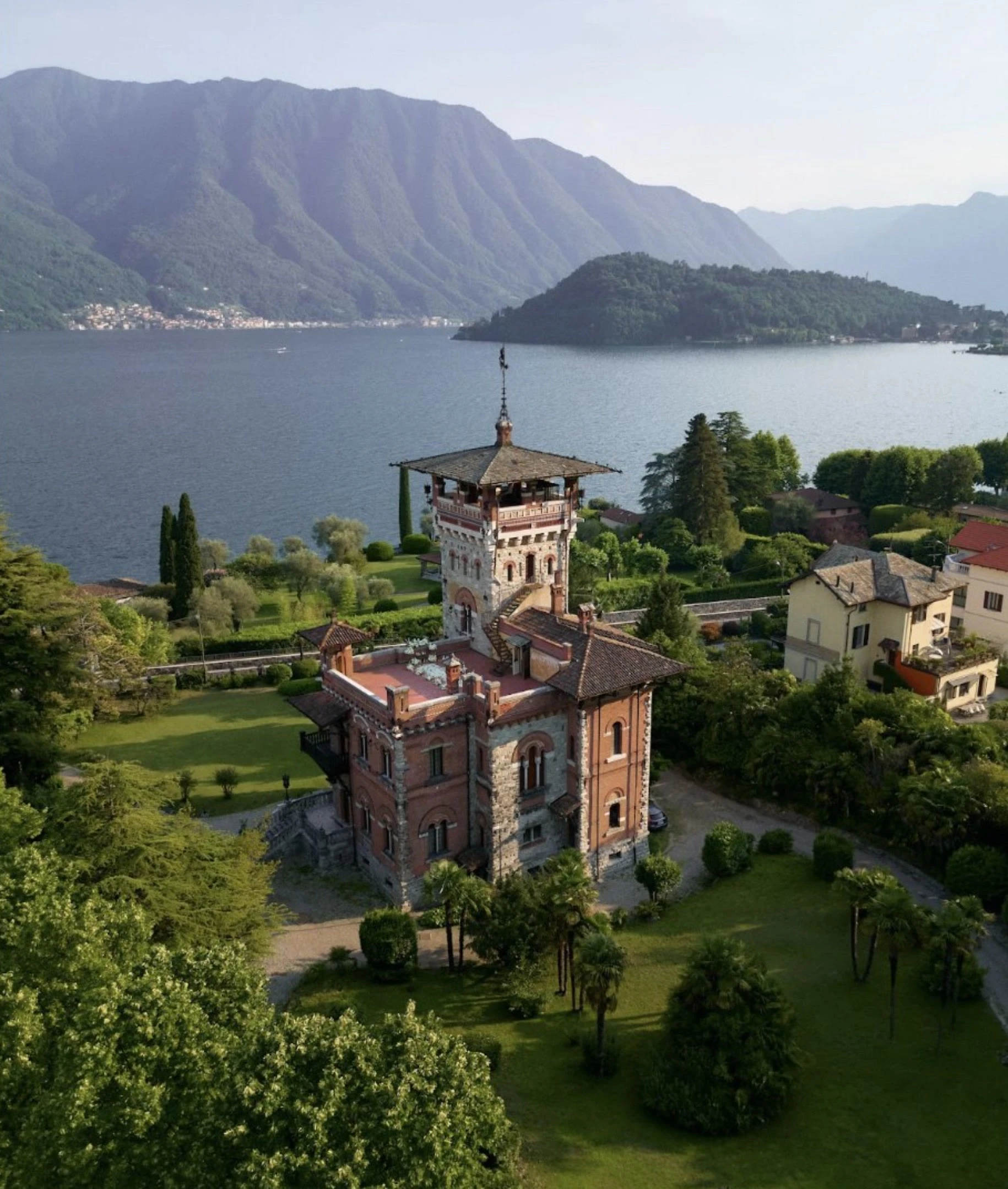 Villa Pessina and its tower above Lake Como, aerial view